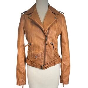 MAX Studio Faux Leather Moto Jacket Brown Belted Biker Small Cropped Moto Fall